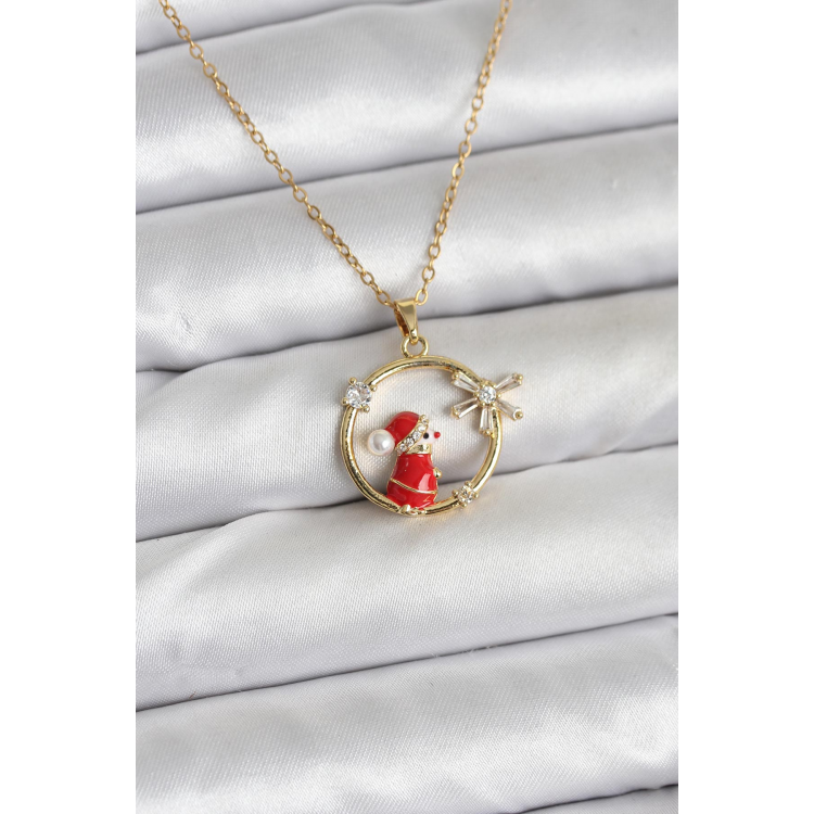 316L Çelik Zincir Gold Zirkon Taşlı Yılbaşı Tema Kadın Kolye 5886