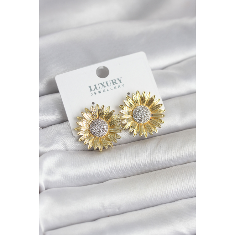 Papatya Model Zirkon Taşlı Pirinç Gold Renk Kadın Küpe 5886