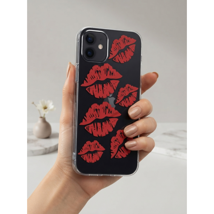 iPhone 12 Kırmızı Dudak / Öpücük Desenli Şeffaf Telefon Kılıfı