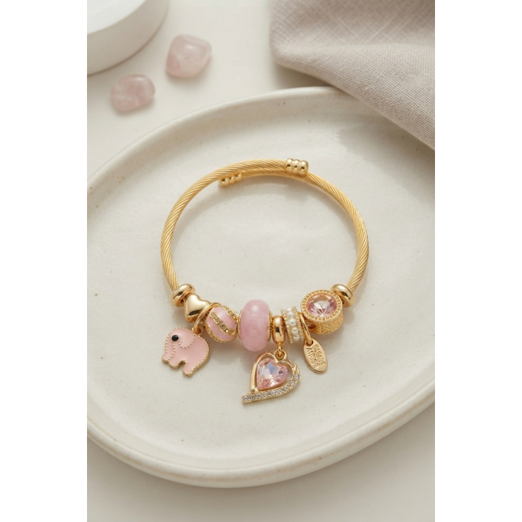 Kalp ve Fil Model Pembe Charmlı Bileklik 5886