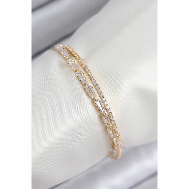 Pirinç Zirkon Taşlı Su Yolu Model Gold Renk Kadın Bileklik 5886