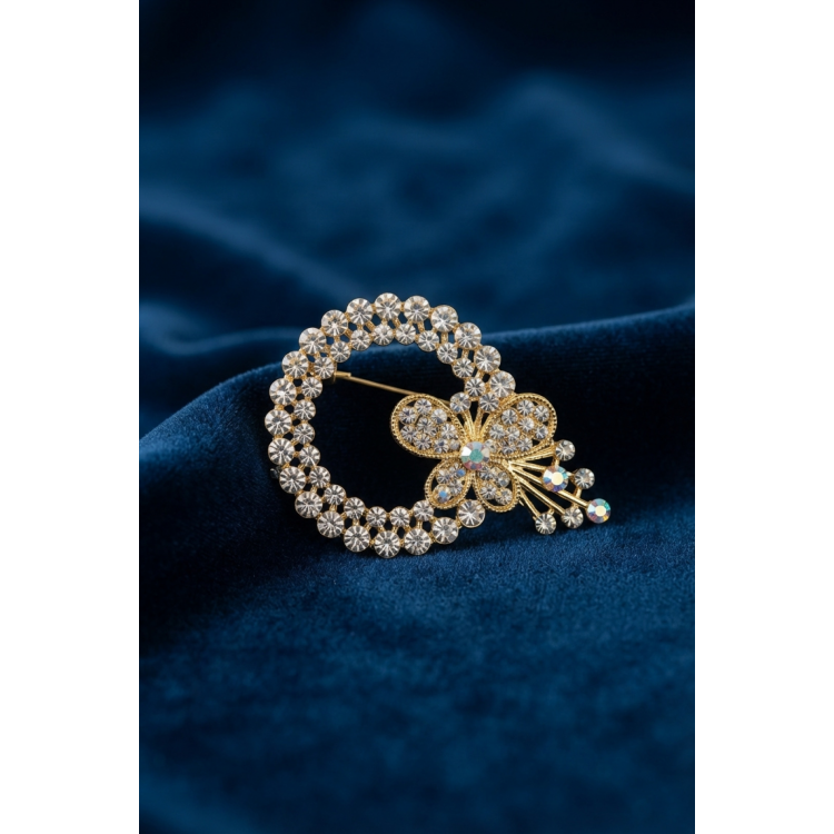 Kelebek Detaylı Zirkon Taşlı Gold Renk Broş 5886
