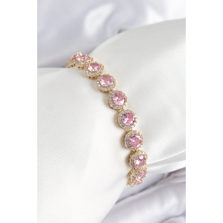 Pirinç Pembe Zirkon Taşlı Daire Baget Model Gold Renk VIP Seri Kadın Bileklik 5886