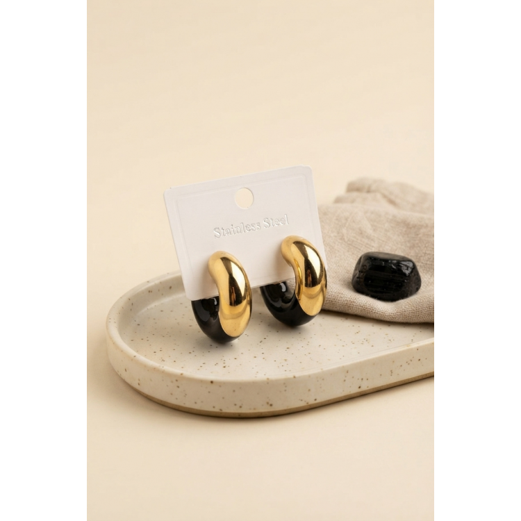 316L Çelik Gold Renk Siyah Halka Model Kadın Küpe 5886