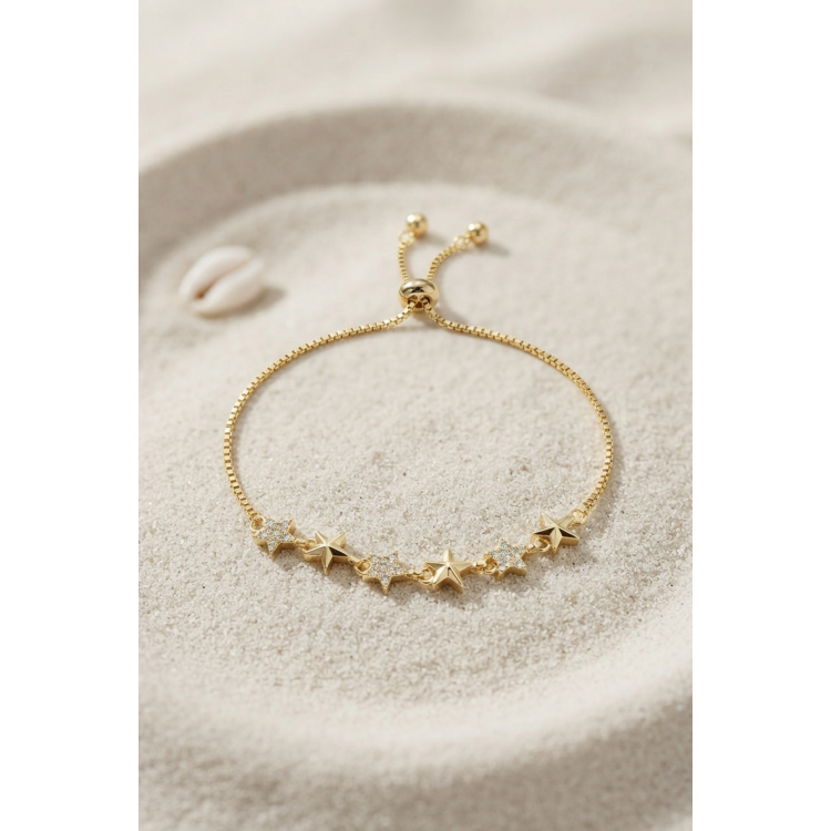 Gold Renk Yıldız Model Zirkon Taşlı Asansörlü Kadın Bileklik 5886