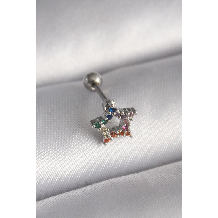 316L Çelik Gümüş Renk Renkli Zirkon Taşlı Yıldız Model Tragus Piercing 5886