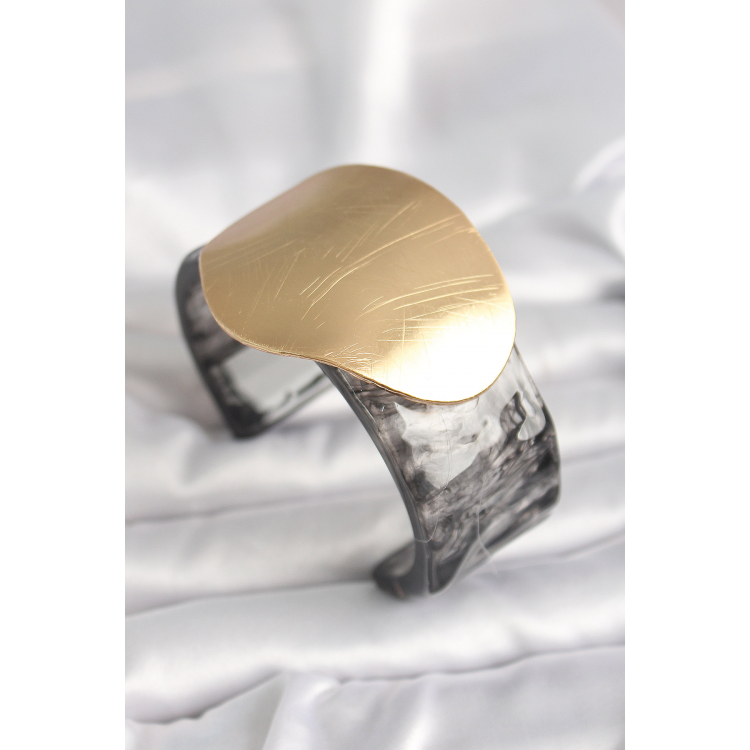 Siyah Mermer Desen Akrilik Plastik Gold Daire Plaka Model Vintage Kadın Bilezik 5886