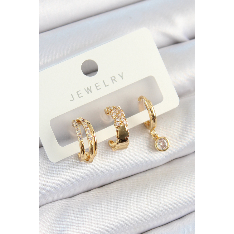 Pirinç Zirkon Taşlı Halka Model Gold Renk 3'lü Çift Kadın Küpe Set 5886