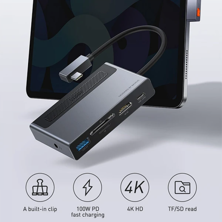 Baseus Magic Çok Fonksiyonlu Klipsli Type-C HUB 6in1 (USB3.0+SD+TF+HDMI+Type-C+3.5mm) Adaptör Çoklay-(5775)