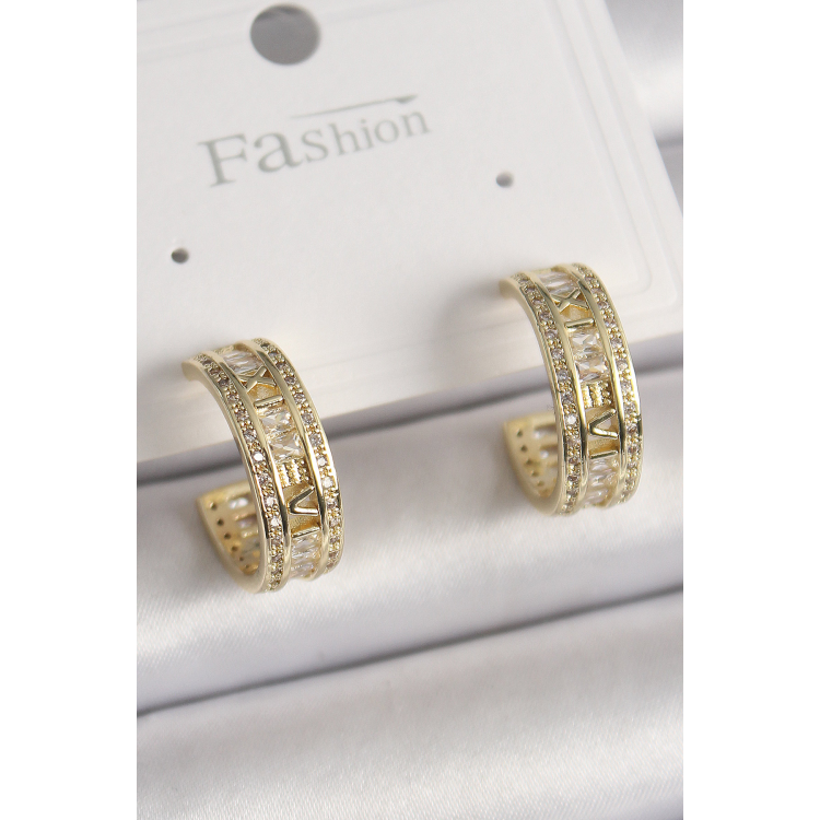 Pirinç Gold Renk Zirkon Taşlı İşleme Detay Halka Model Kadın Küpe 5886