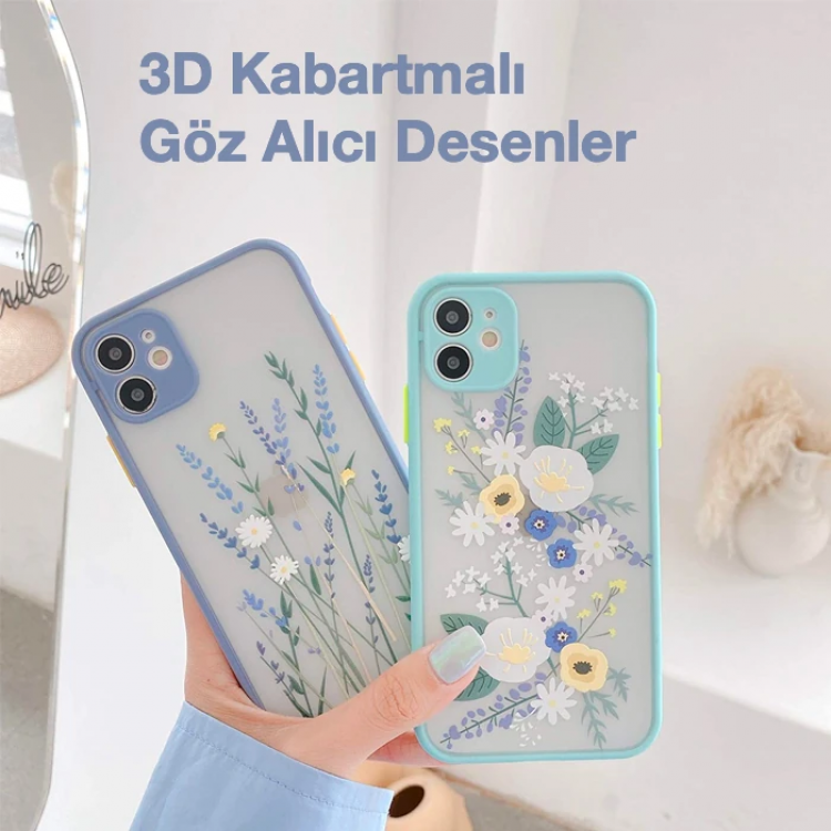 iPhone 12 6.1inç Kamera Korumalı Çiçek Desenli Silikon Kılıf-(5775)