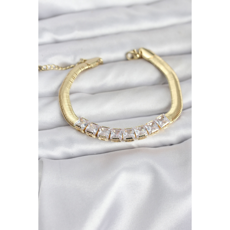 316L Çelik Gold Renk Kare Zirkon Taşlı Yılan Zincirli Kadın Bileklik 5886
