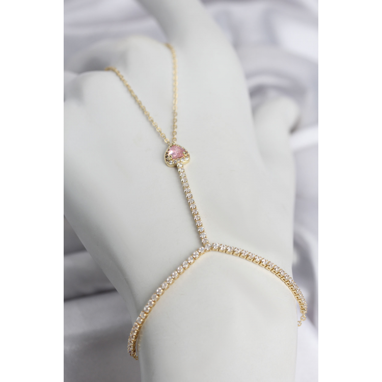 Gold Renk Pirinç Zirkon Taşlı Pembe Kalp Model Şahmeran 5886