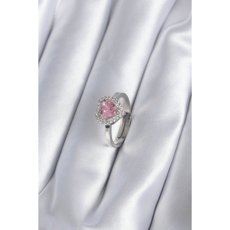 Pirinç Gümüş Renk Pembe Zirkon Taşlı Charm Model Kadın Yüzük 5886