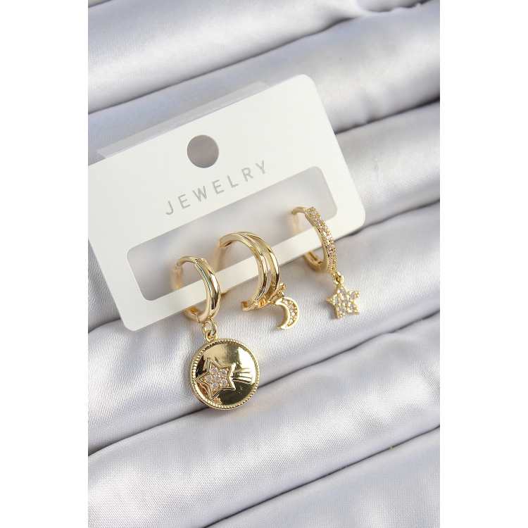 Pirinç Zirkon Taşlı Yıldız Ve Ay Model Gold Renk 3'lü Çift Kadın Küpe Set 5886