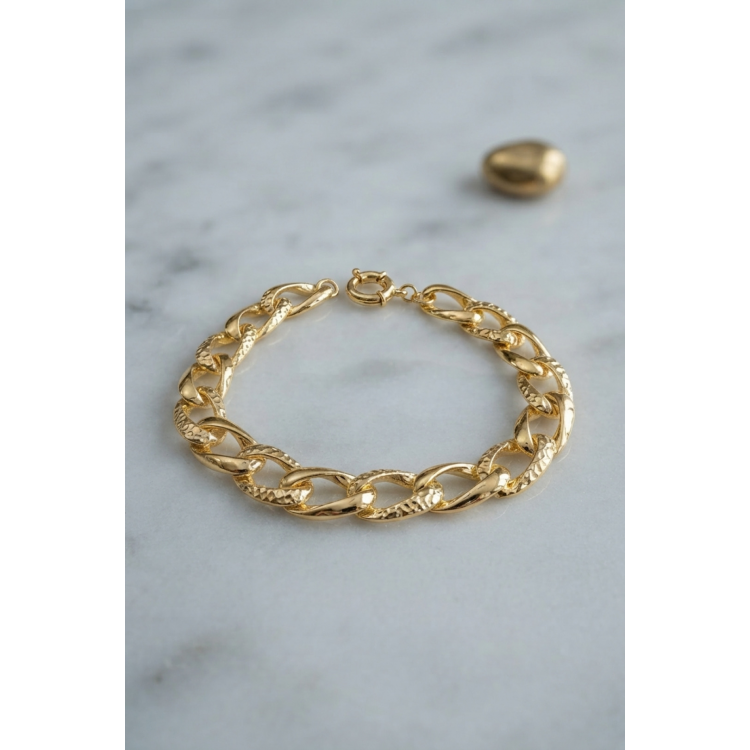 Pirinç Gold Renk Yıldız İşleme Zincirli Kadın Bileklik 5886