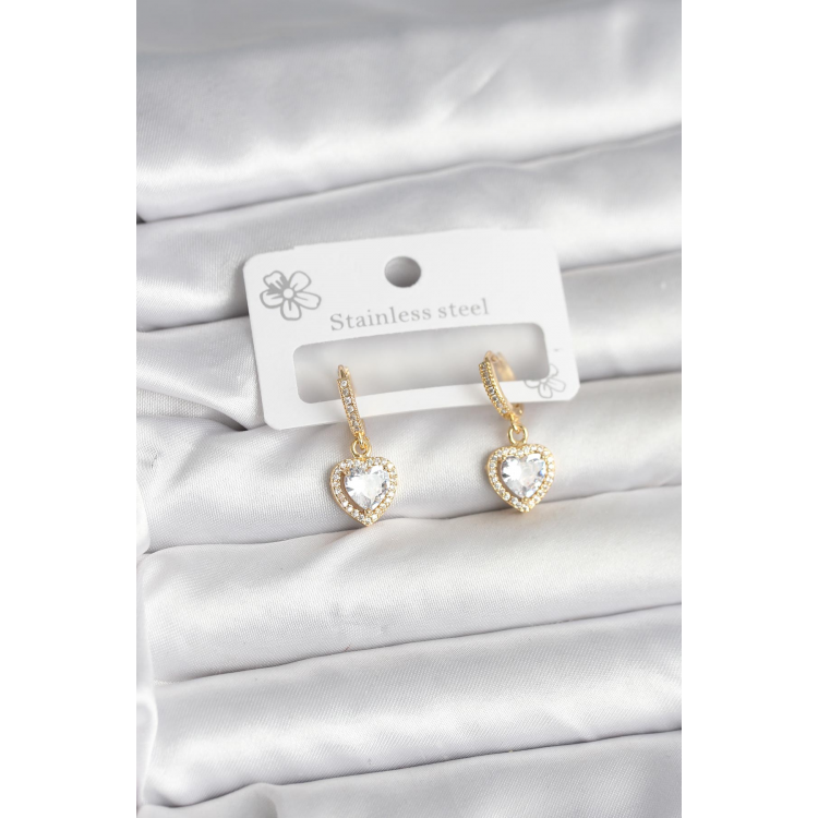 Pirinç Gold Renk Zirkon Taşlı Kalp Model Kadın Küpe 5886