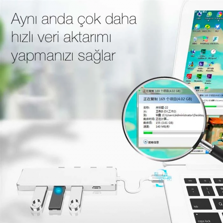 ALLY  ADS-301C 5 in 1 Type C Dönüştürücü 4 Usb Portlu Adaptör Hub Çoklayıcı-(5775)