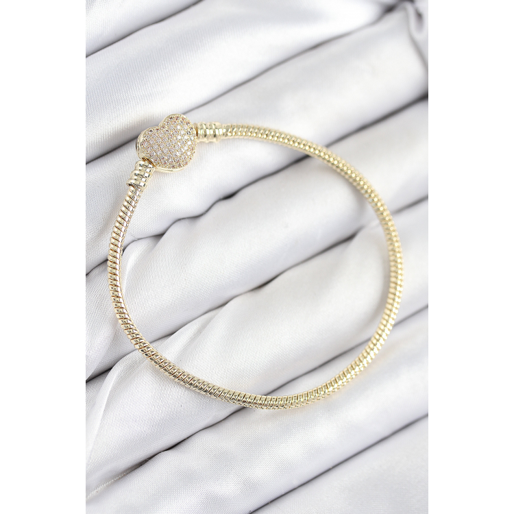 Pirinç Charm Zirkon Taşlı Kalp Model Gold Renk Kadın Bileklik 5886