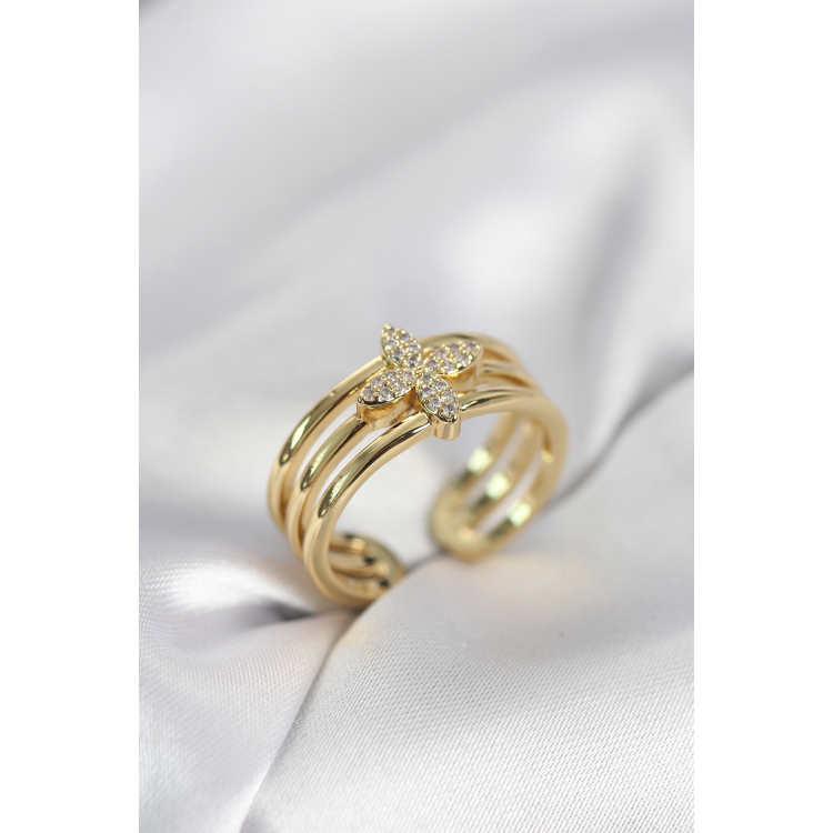 Gold Renk Zirkon Taşlı Yonca Model Kadın Yüzük 5886