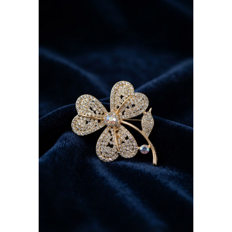 Gold Renk Zirkon Taşlı Yonca Model Broş 5886