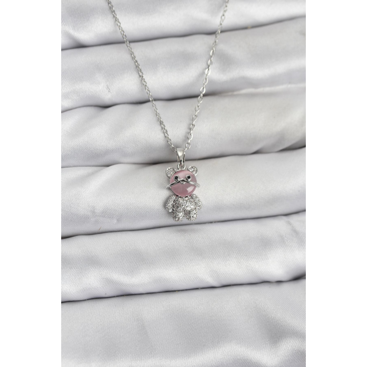 316L Çelik Zincir Gümüş Renk Teddy Bear Model Zirkon Taşlı Kadın Kolye 5886