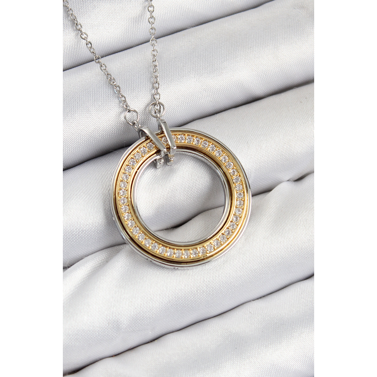 316L Çelik Zirkon Taşlı Dönen Daire Model Gold Ve Gümüş Renk Kadın Kolye 5886