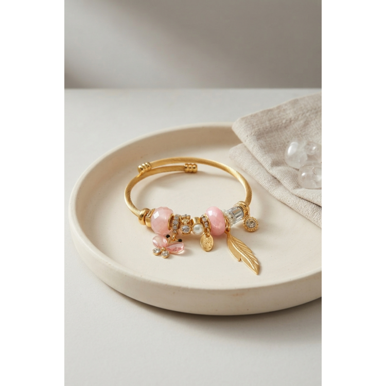 Kelebek Model Gold Renk Pembe Charmlı Bileklik 5886
