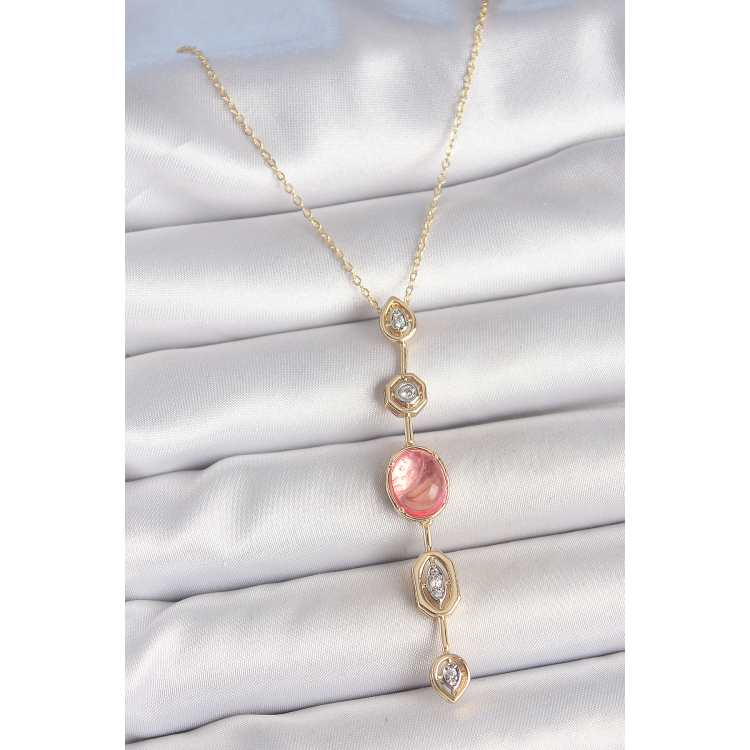 Pirinç Zincir Pembe Gold Renk Zirkon Taşlı Y Kolye 5886