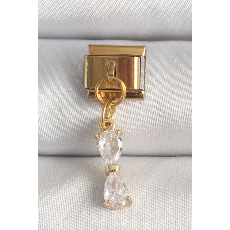 316L Çelik Gold Renk Sallantı Zirkon Taşlı Kurdele Model Nomination Charm 5886