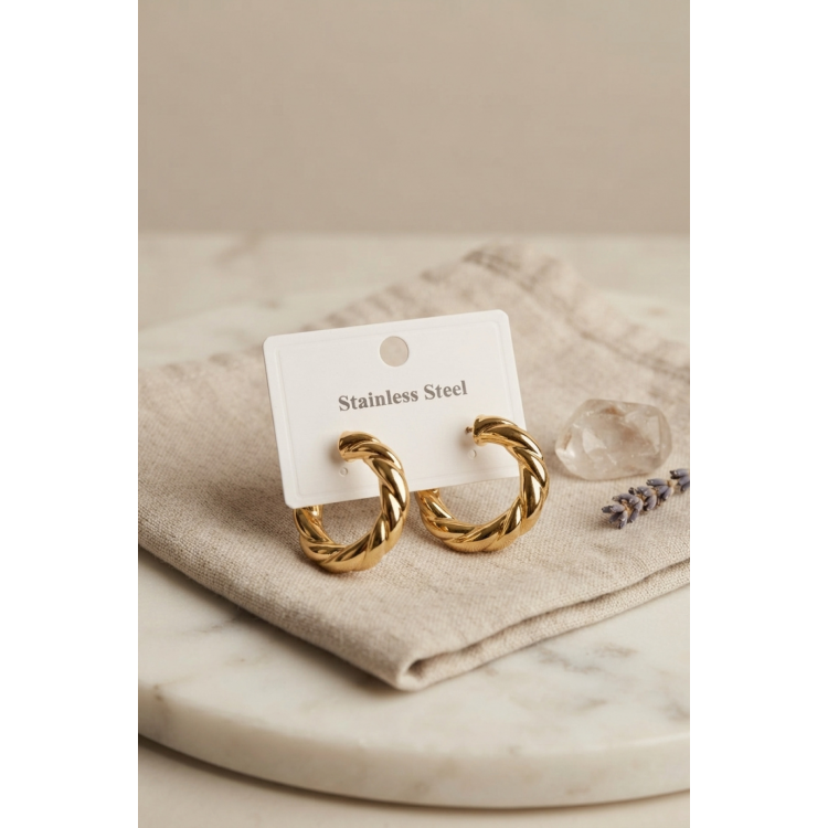 316L Çelik Gold Renk Vintage Kıvrımlı Halka Model Küpe 5886