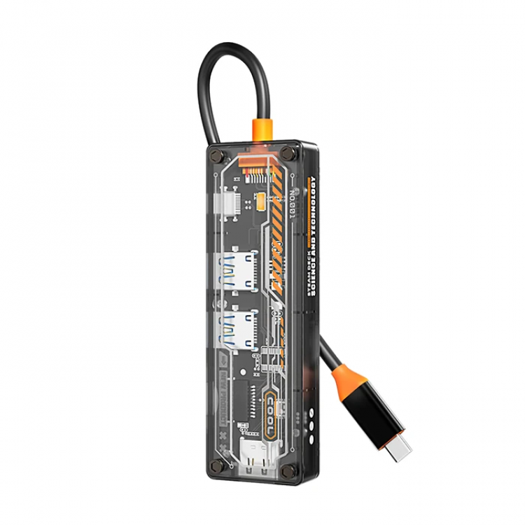 ALLY 6in1 Type-c To USB3.0 + USB2.0 + Type-c PD 100W + SD + TF + HDMI  Çoğaltıcı Transparan Hub-(5775)
