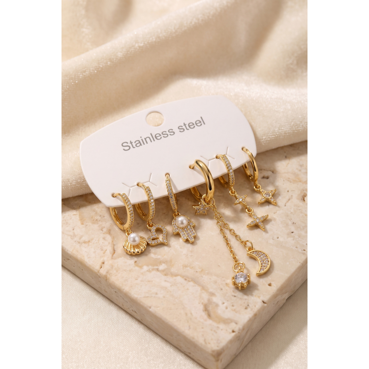 316L Çelik Gold Renk Zincir Detaylı Zirkon Taşlı Kadın Küpe Seti 5886