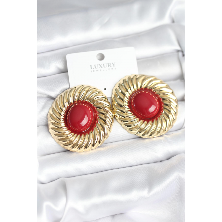 Pirinç Gold Renk Bordo Boncuklu Vintage Kadın Küpe 5886