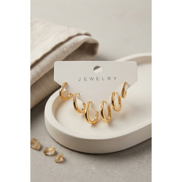 Gold Renk Zirkon Taşlı Pirinç İnce Kare Halka Model Kadın Küpe Seti 5886