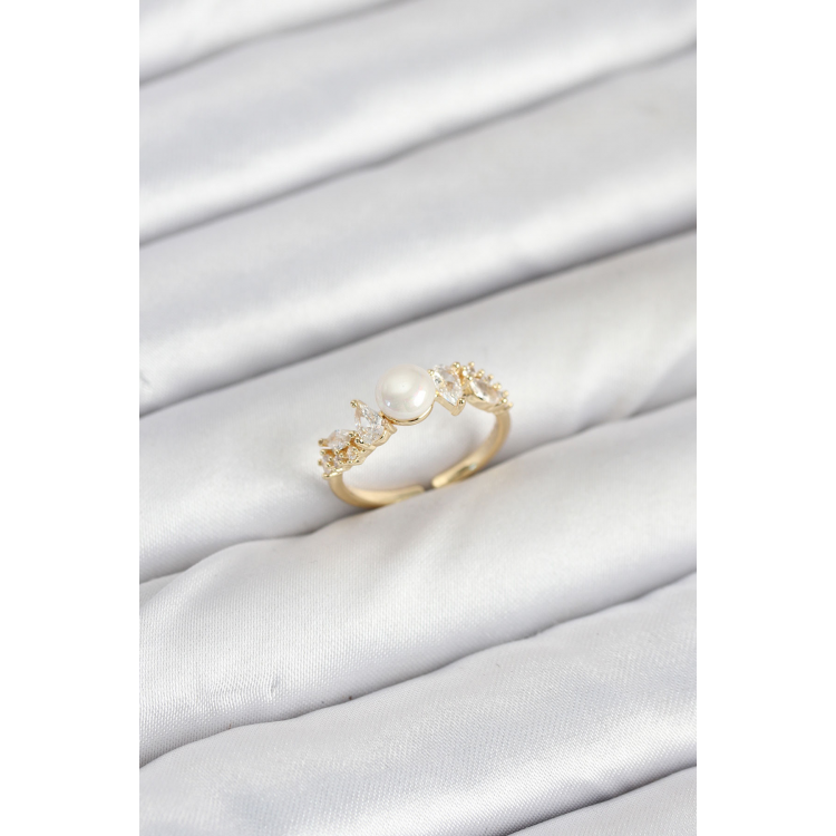 Pirinç Gold Renk Zirkon Taşlı İncili Model Kadın Yüzük 5886