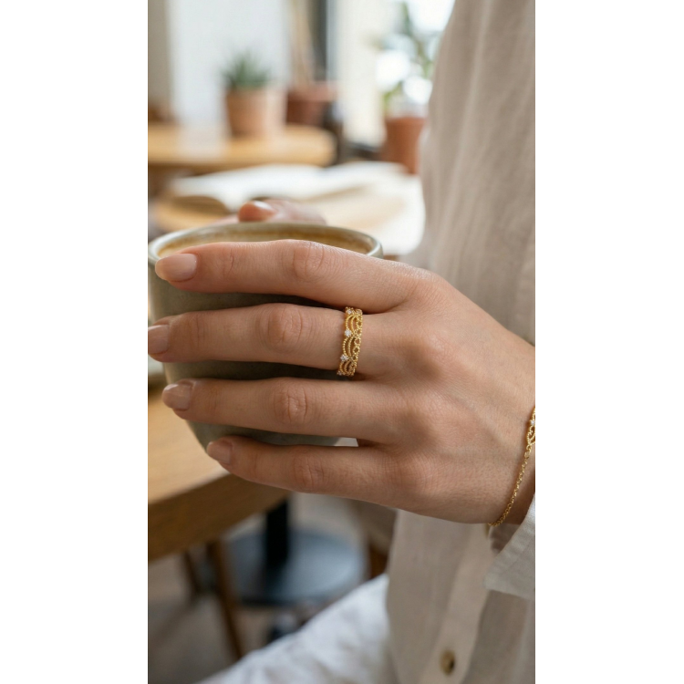 Gold Renk Motif Desenli Zirkon Taşlı Kadın Yüzük 5886