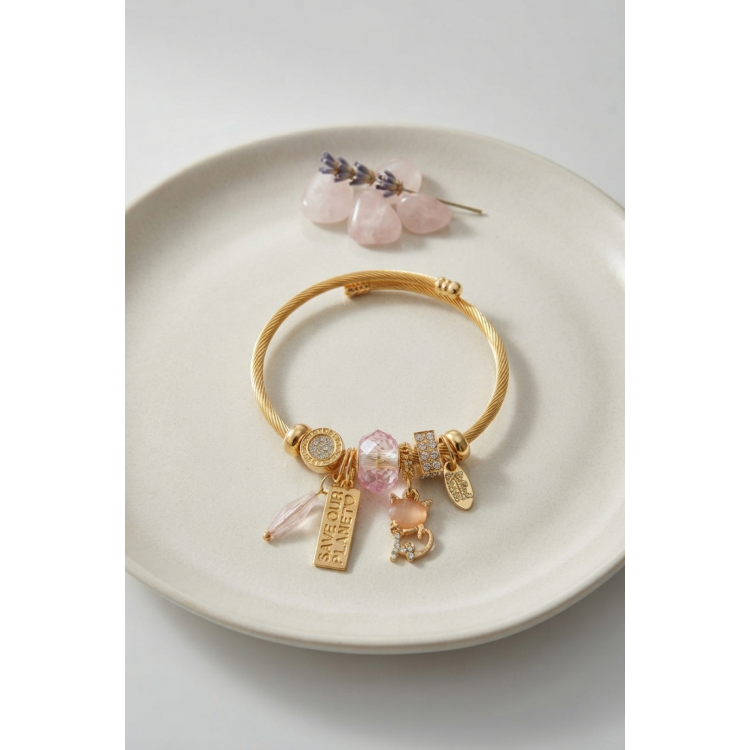 Kedili Model Pembe Charmlı Bileklik 5886