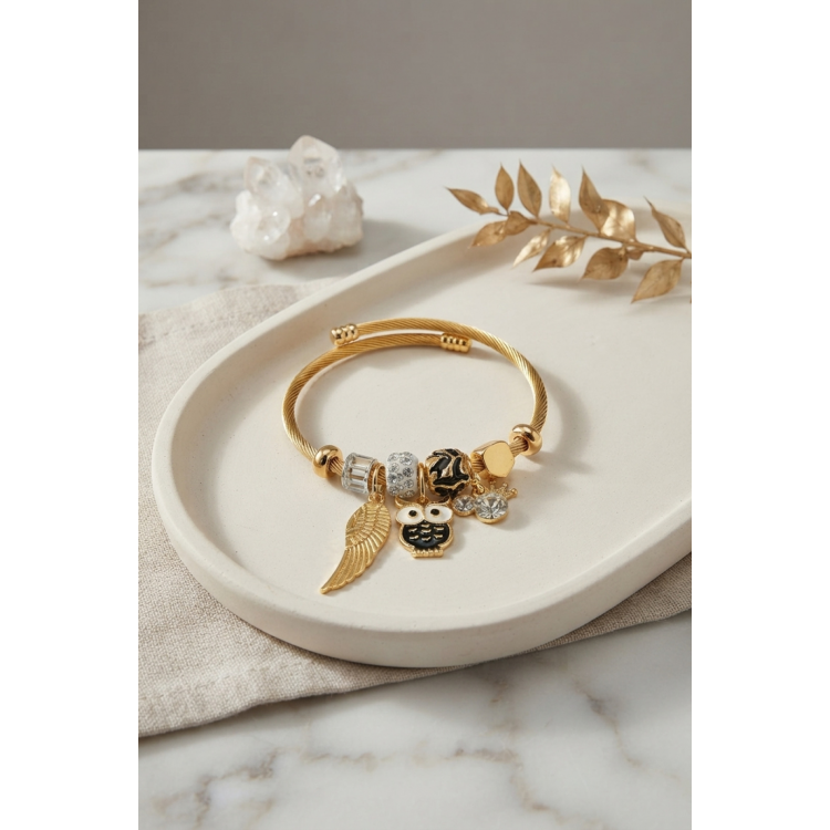 Siyah Baykuş Model Gold Renk Charmlı Bileklik 5886