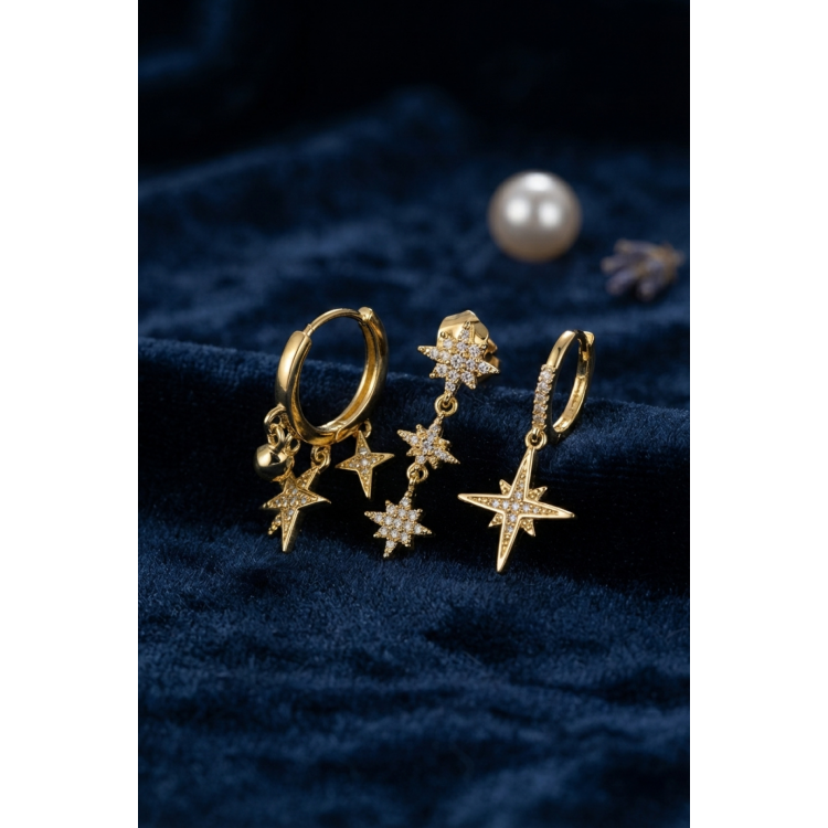 Kutup Yıldızı Model Gold Renk 3 lü Küpe Set 5886