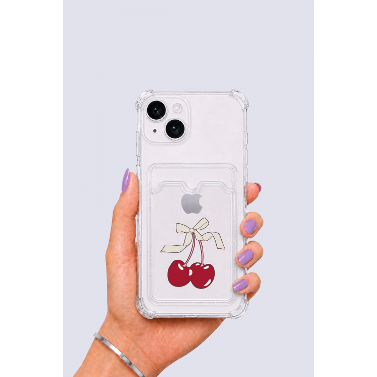 iPhone 15 Kartlıklı Kiraz Desenli Kılıf
