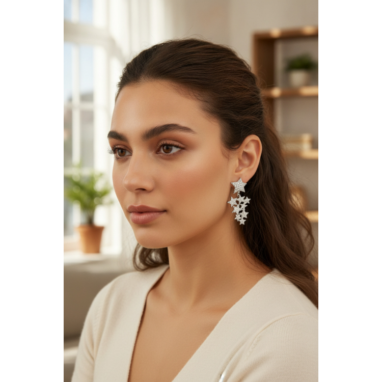 Yıldız Model Gümüş Renk Zirkon Taşlı Küpe 5886