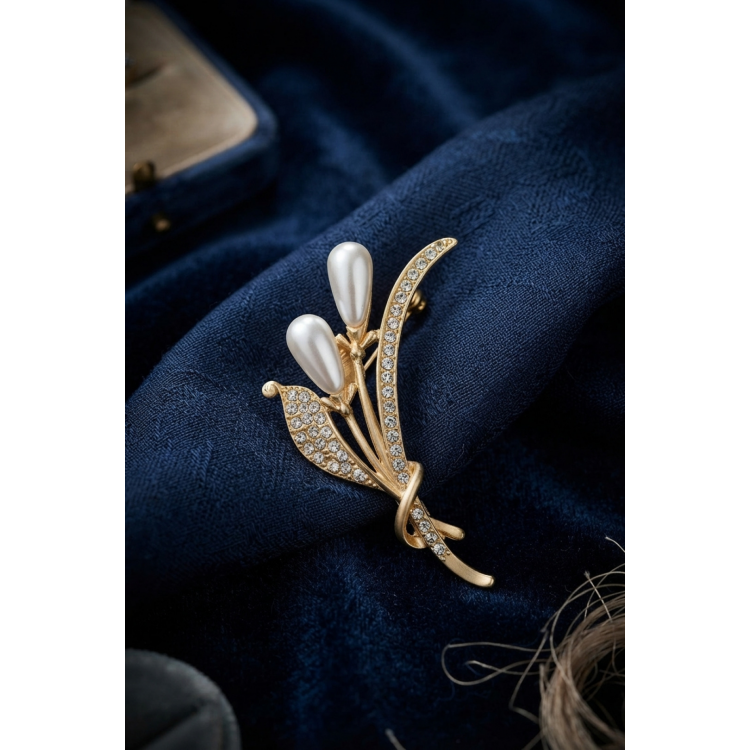 Gold Renk İncili Model Zirkon Taşlı Broş 5886