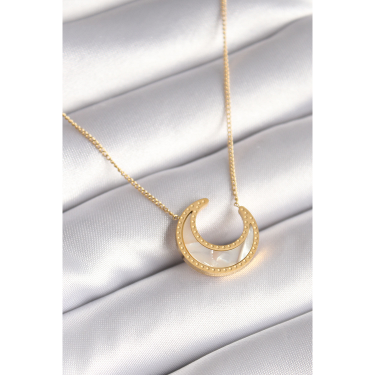 316L Çelik Gold Renk Beyaz Sedefli Hilal Model Kadın Kolye 5886