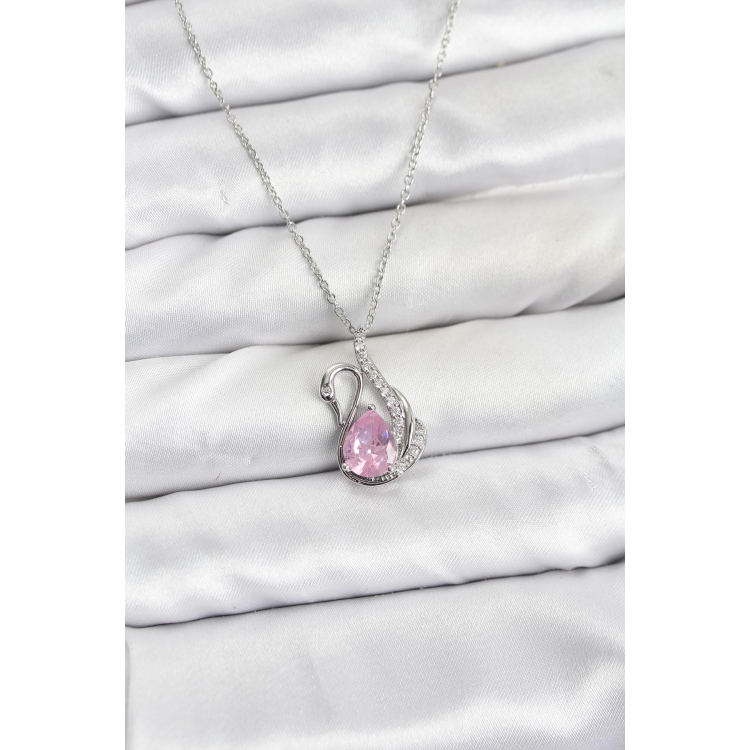 316L Çelik Zincir Gümüş Renk Pembe Kuğu Model Zirkon Taşlı Kadın Kolye 5886