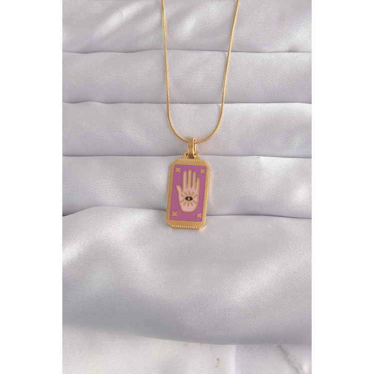 316L Çelik Gold Renk Mor Mineli El Figür Tarot Kolye 5886