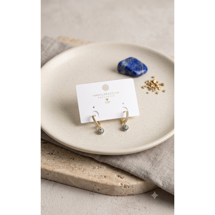 Minimal Nazarlı Model Gold Renk Zirkon Taşlı Kadın Küpe 5886