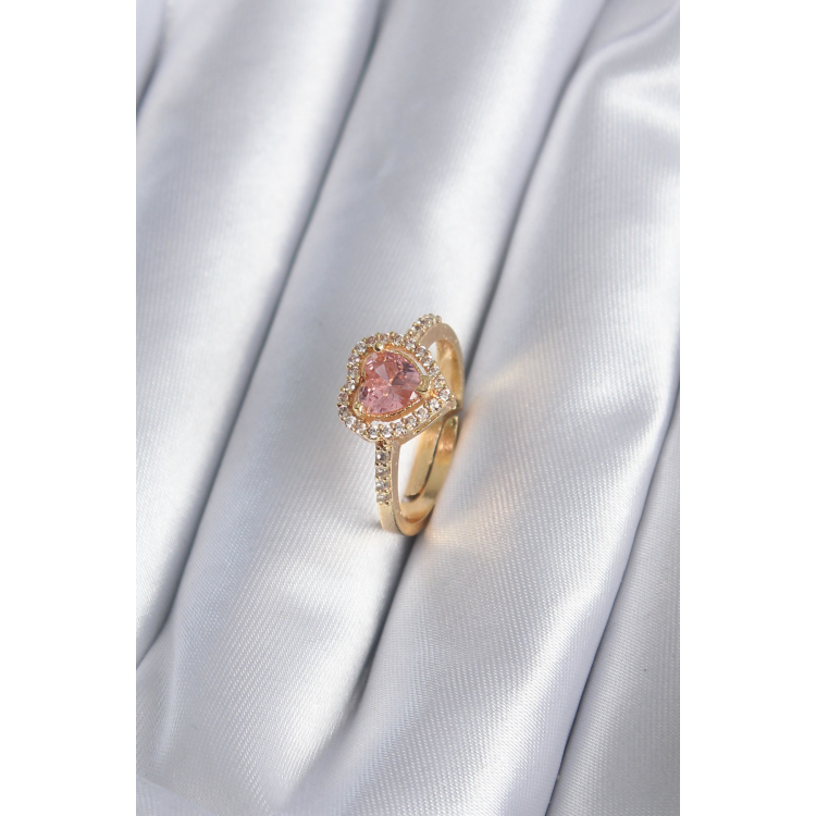 Pirinç Gold Renk Pembe Zirkon Taş Kalp Charm Model Kadın Yüzük 5886
