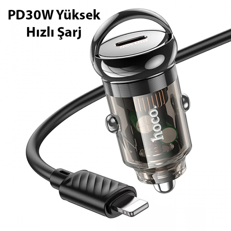 HOCO Z53 Sight Single PD30W Type-C Girişli Araç Çakmaklık Hızlı Şarj Aleti + Type-C to iPhone Lightn-(5775)