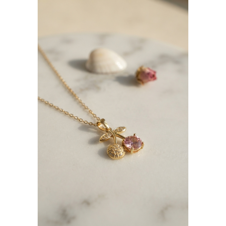 316L Çelik Zincir Gold Renk Pembe Kiraz Model Kolye 5886